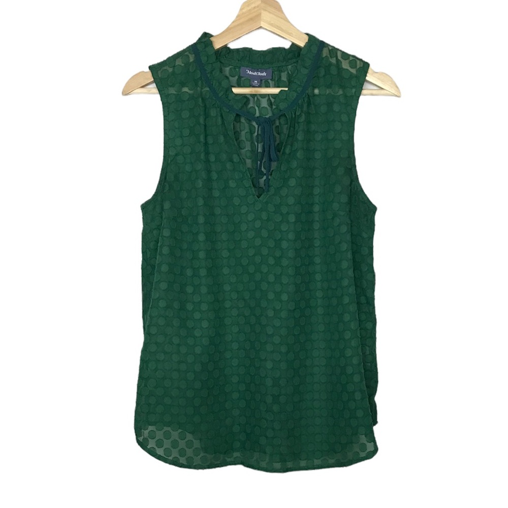 Modcloth Emerald Green Sheer Polka Dot bow tie top size M